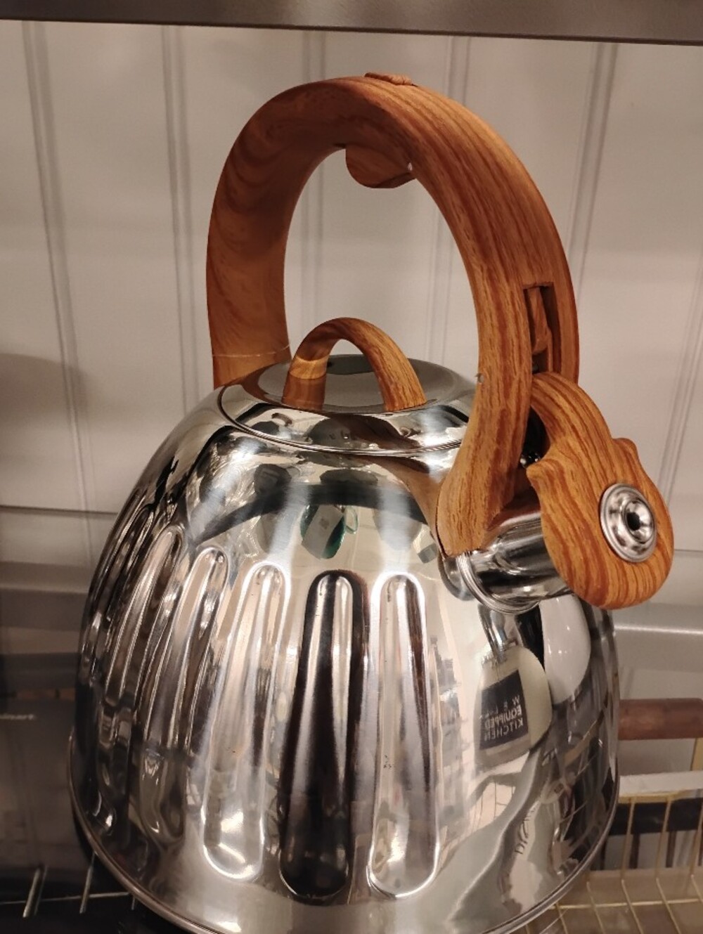 New Stainless Steel Whistling Tea Kettle with Wood-Tone Handle - Silver/Brown